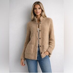 Wrap London Alpaca Bouclé Cardigan Jacket Camel Textured Cozy Minimalist US 12